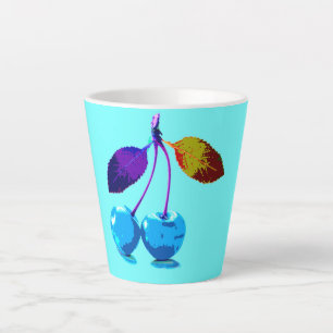 Caneca De Café Latte Cerejas azuis-claras vibrantes