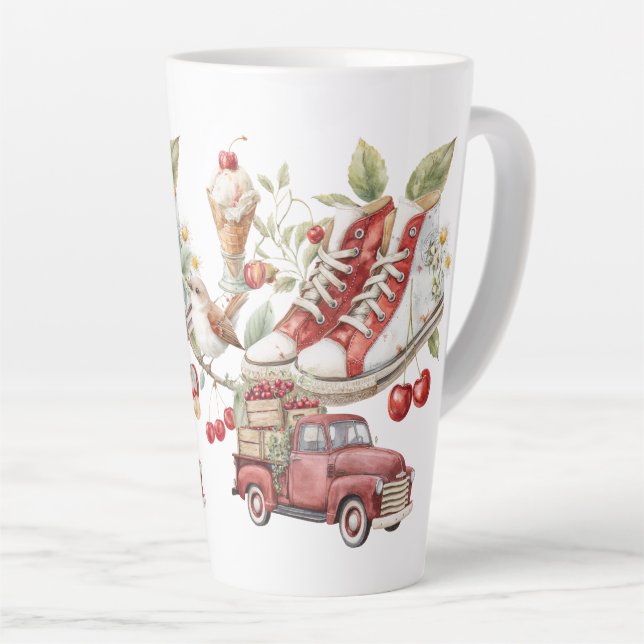 Caneca De Café Latte Cerejas Doces de Verão (Ângulo direito)