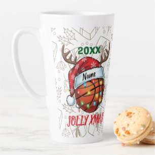 Caneca De Café Latte Cesto de Basquete com Chapéu de Papai Noel Rena de
