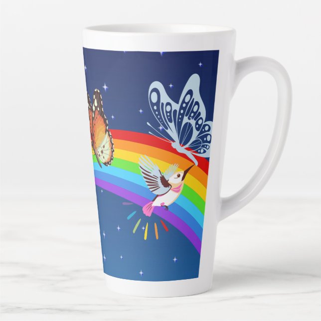 Caneca De Café Latte Céu Noturno, Dois Pássaros, Borboletas e um Arco-Í (Direita)