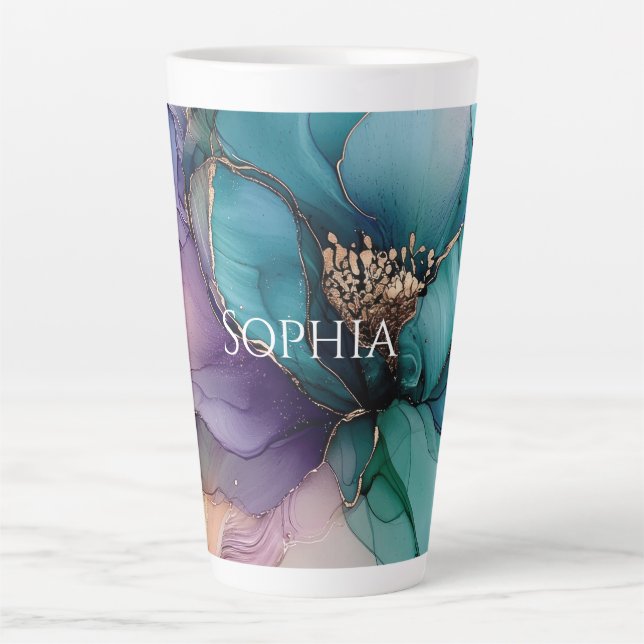 Caneca De Café Latte Chá de Noiva Flor Roxo Azul Dourado (Frente)