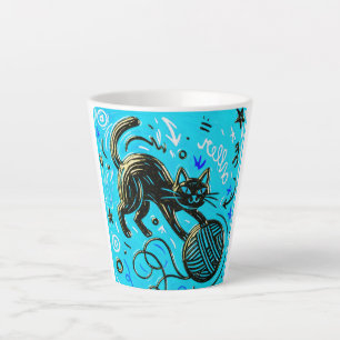 Caneca De Café Latte Chat preto gráfico turquesa