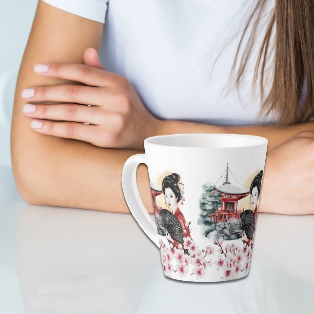 Caneca De Café Latte Cherry Blossom Pagoda Geisha (Criador carregado)