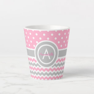 Caneca De Café Latte Chevron da Bolinhas da Cinza rosa