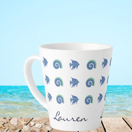 Caneca De Café Latte Chic Blue e White Fish Shelds Beach House