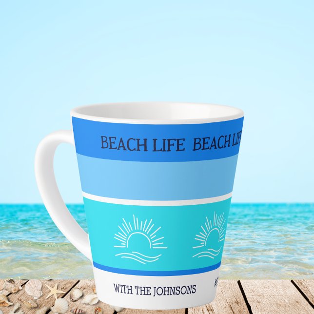 Caneca De Café Latte Chic Blue Stripes Nome Família Beach House (Criador carregado)