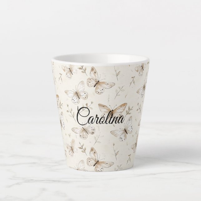 Caneca De Café Latte Chic Cream Borboletas Aniversário (Frente)