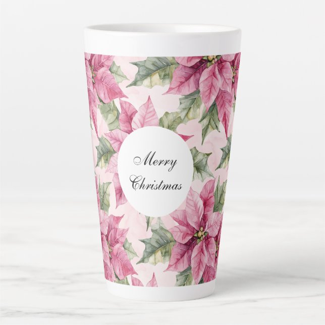Caneca De Café Latte Chic Pink Poinsettia Flowers Natal (Frente)