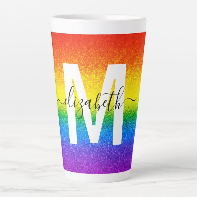 Caneca De Café Latte Chic Rainbow Glitter Striter Monograma Nome (Frente)