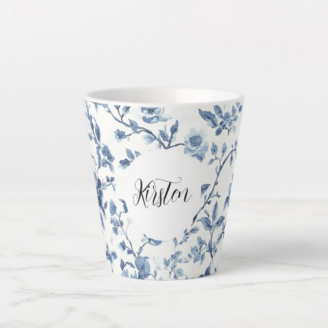 Caneca De Café Latte Chic White Blue Floral   (Frente)
