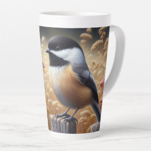 Caneca De Café Latte Chickadee Perchido na Cerca