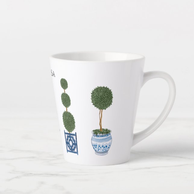 Caneca De Café Latte Chinoiserie Topiary Tree Trio Cerâmica (Direita)