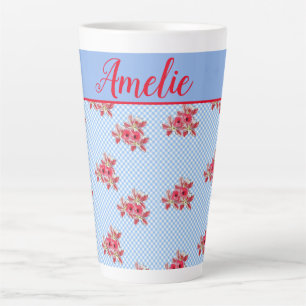 Caneca De Café Latte Chique Azul Vermelho Floral Lily Gingham Latte Mug