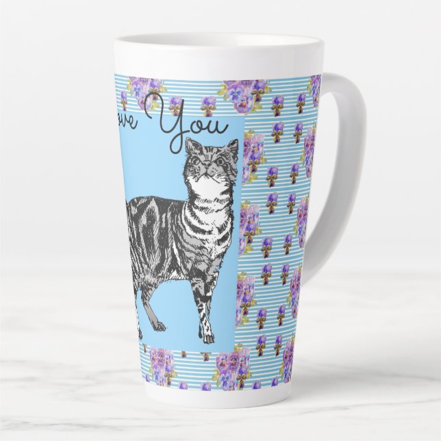 Caneca De Café Latte Chique Blue Stripe Tabby Cat Love Heart (Ângulo direito)