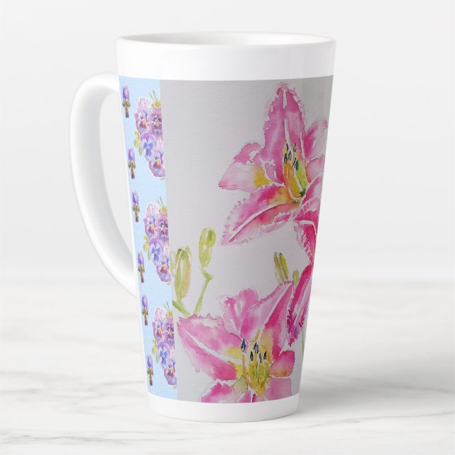 Caneca De Café Latte Chique rosa Flor Lily Floral Spots Blue Spot (Ângulo esquerdo)