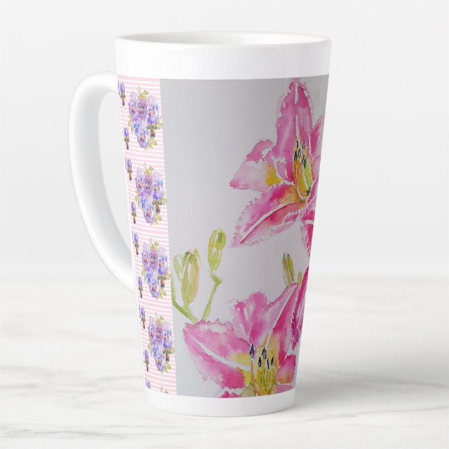 Caneca De Café Latte Chique rosa Flor Lily Floral Spots Blue Spot (Ângulo esquerdo)
