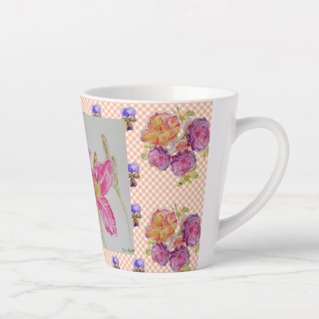 Caneca De Café Latte Chique rosa Lily Floral Flores Rosas Gingham (Direita)