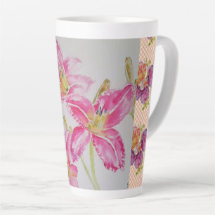 Caneca De Café Latte Chique rosa Lily Floral Flores Rosas Gingham