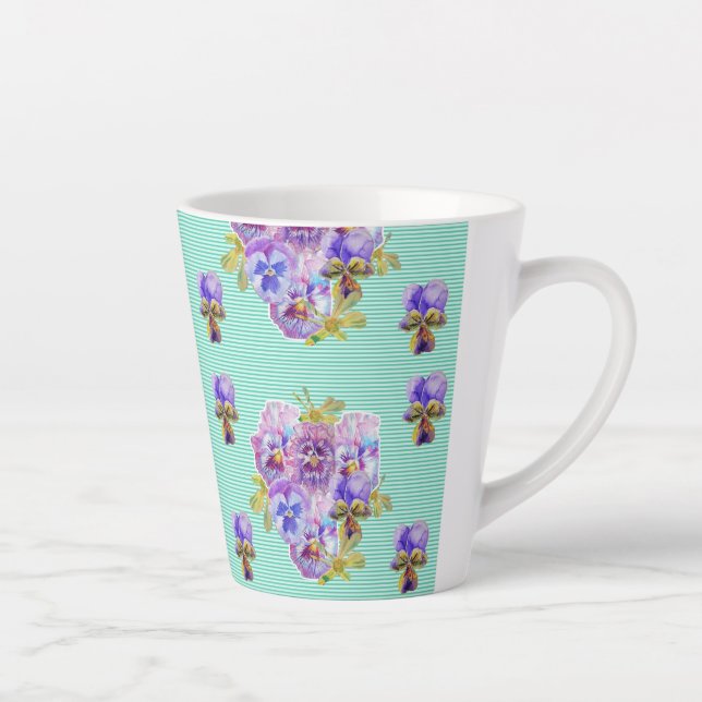 Caneca De Café Latte Chique Turquoise Aqua Pansy floral (Direita)