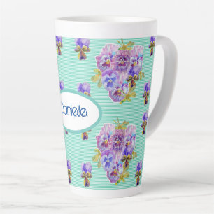 Caneca De Café Latte Chique Turquoise Aqua Pansy floral Latte Mug