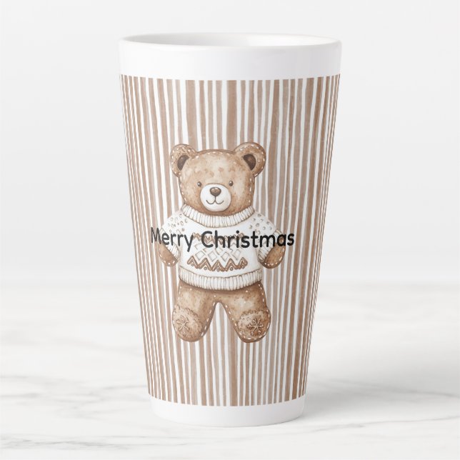 Caneca De Café Latte Christmas Brown Cream Teddy Bear Stripes (Frente)