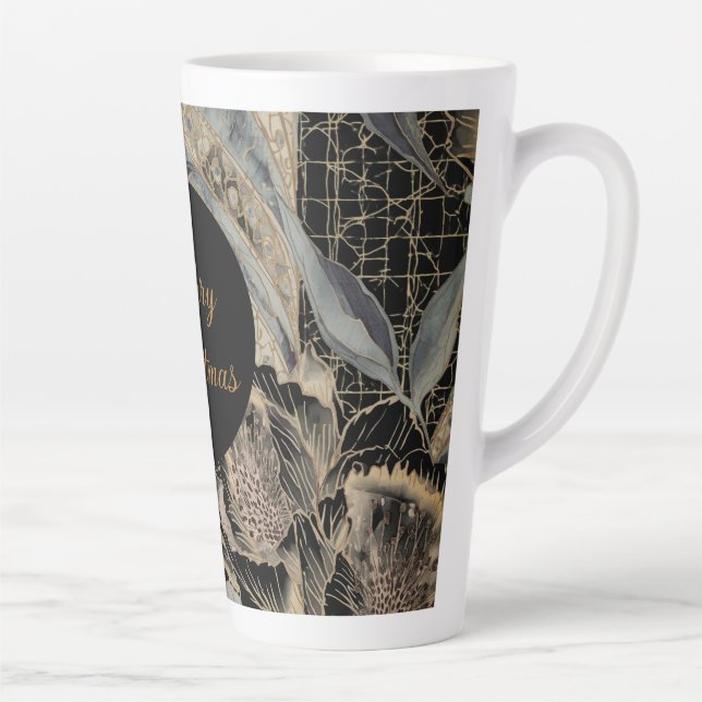 Caneca De Café Latte Christmas, Merry Christmas,Gold Blue Flowers Art  (Direita)
