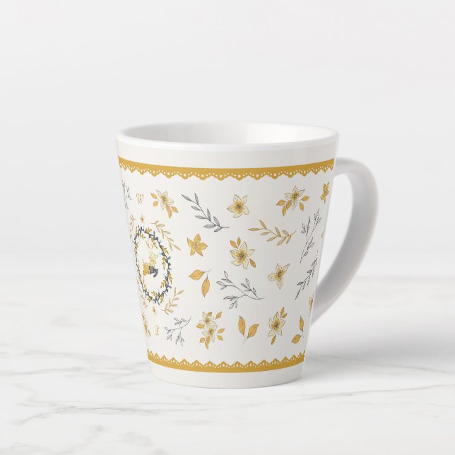 Caneca De Café Latte Christmastime Deer Yellow Cream Floral (Ângulo direito)