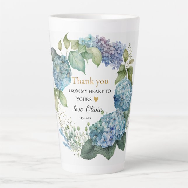 Caneca De Café Latte Chuva de Noiva Hortênsias Azuis Obrigada (Frente)
