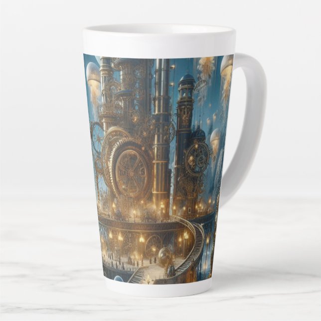 Caneca De Café Latte Cidade Antiga Futurística Steampunk com medusa (Ângulo direito)