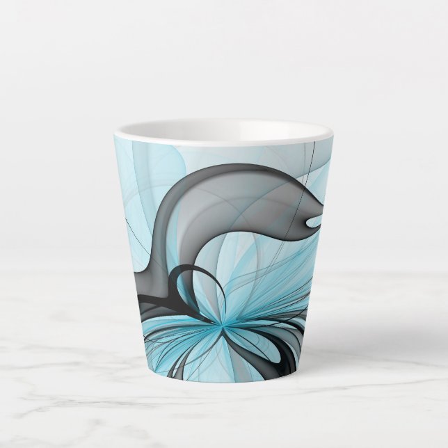 Caneca De Café Latte Cinza Antracite Arte Fractal Azul Moderna (Frente)