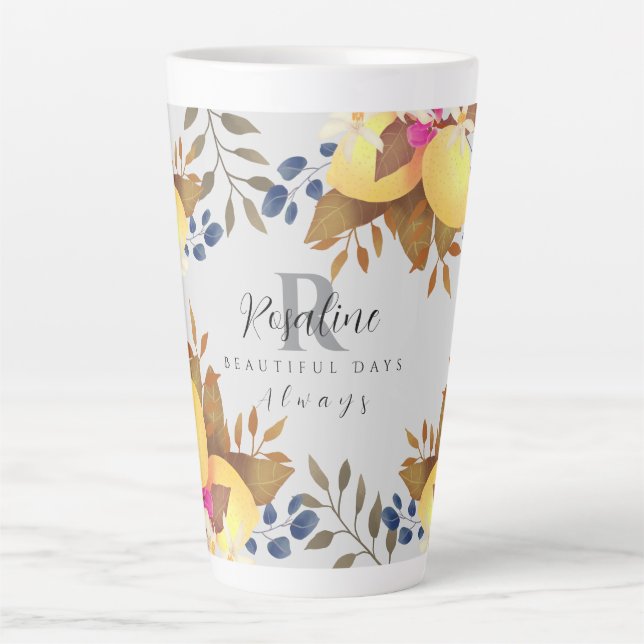 Caneca De Café Latte Cinza de Monograma Chic Lemon (Frente)