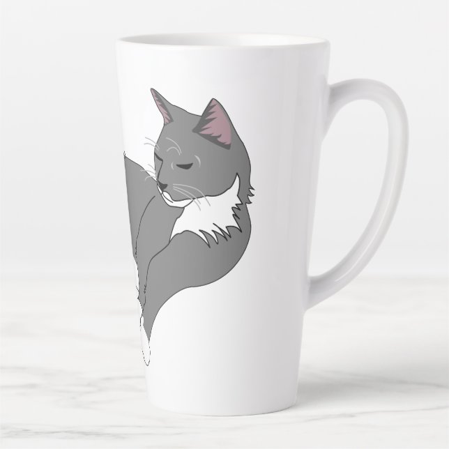 Caneca De Café Latte Cinza e Gato de Tuxedo Branco (Direita)