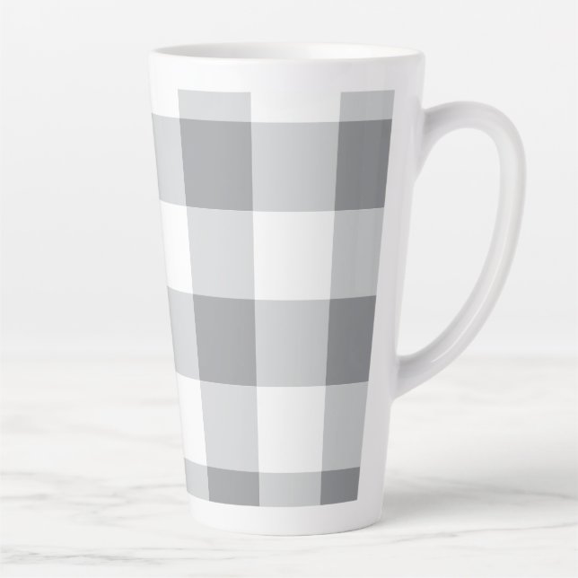 Caneca De Café Latte Cinza E Padrão De Gingham Branco (Direita)