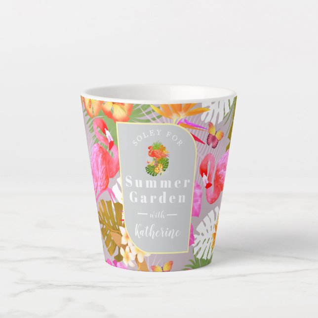 Caneca De Café Latte Cinza Flamingo Garden (Frente)