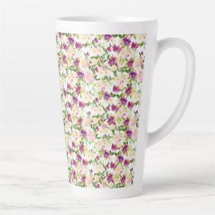 Caneca De Café Latte Cinza Rosa Pêssego Púrpura Borgona Aquarela Floral