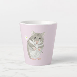 Caneca De Café Latte Cinzas e Hamster Branco segurando uma flor