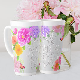 Caneca De Café Latte Cinzas Românticas de Jardim de Peônias Melhor Mãe