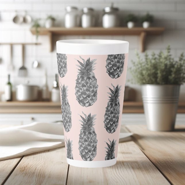 Caneca De Café Latte Cinzas Tropicais e Pineanás Rosa Padrão Sem Costur (Criador carregado)