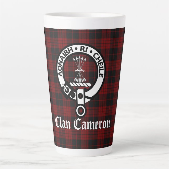 Caneca De Café Latte Clan Cameron Crest Crachá & Tartan (Frente)