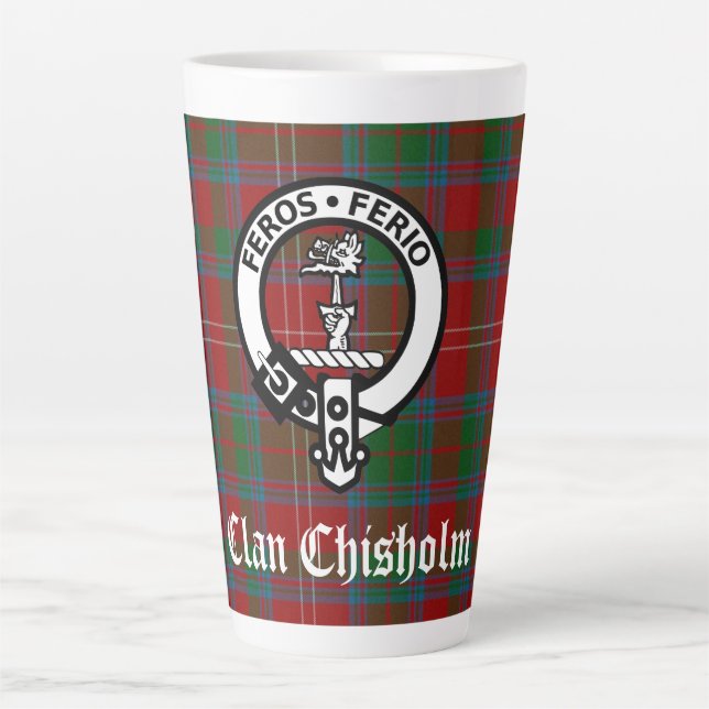 Caneca De Café Latte Clan Chisholm Tartan & Crest Crachá (Frente)