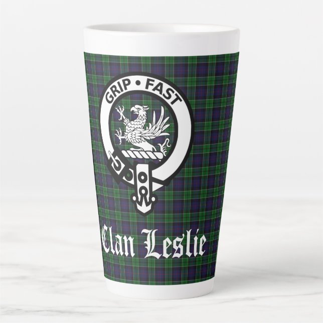 Caneca De Café Latte Clan Leslie Crest Crachá e Tartan (Frente)