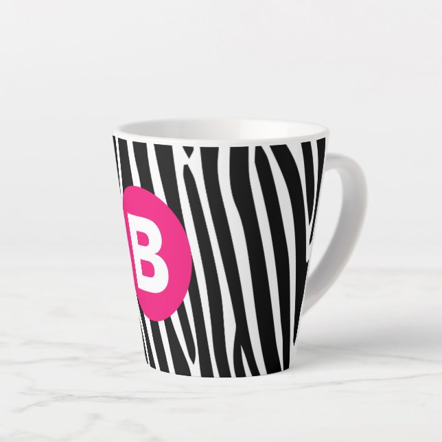 Caneca De Café Latte Classic Zebra Stripes Bright Pink Monogram (Ângulo direito)