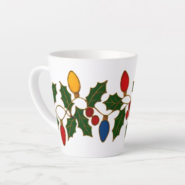 Caneca De Café Latte Cloisonne Art Christmas Lights and Holly (Ângulo esquerdo)