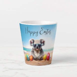 Caneca De Café Latte Coala na praia com ovos de Páscoa Feliz Páscoa