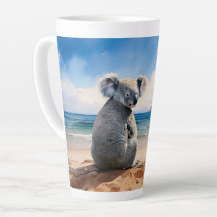 Caneca De Café Latte Coala numa praia arenosa
