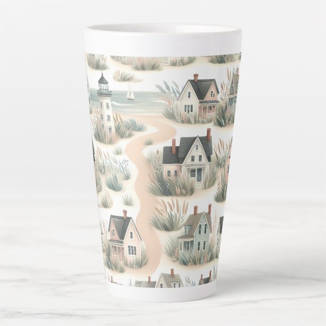 Caneca De Café Latte Coastal Cottage Lighthouse Pattern (Frente)