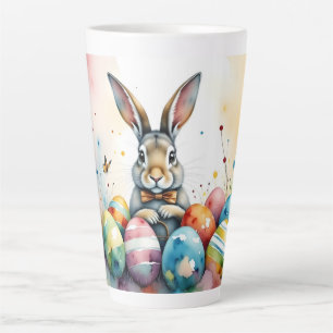 Caneca De Café Latte Coelhinho da Páscoa Fofo com Ovos Pintados Colorid