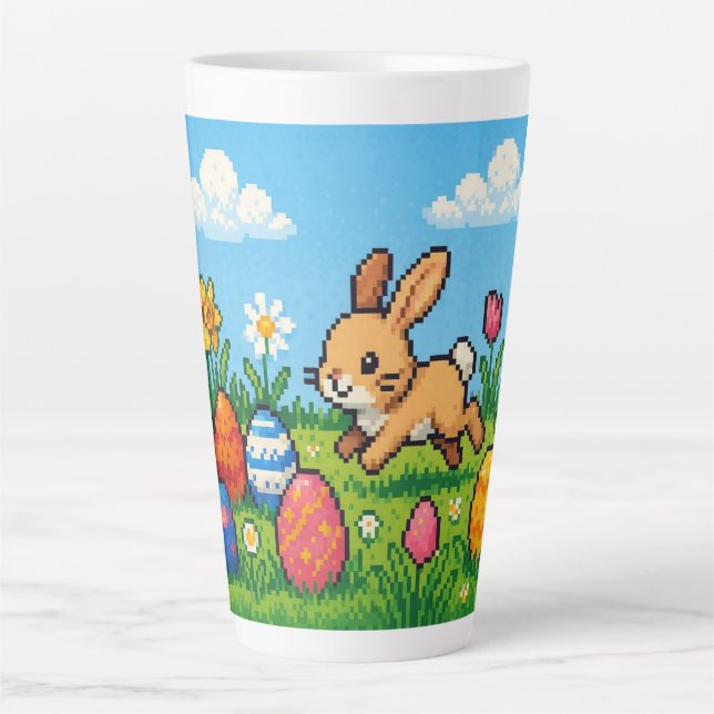 Caneca De Café Latte coelhinho da Páscoa fofo de 8 bits (Frente)