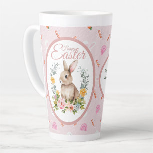Caneca De Café Latte Coelhinho de Aquarela Fofo com Coroa Floral de Pás