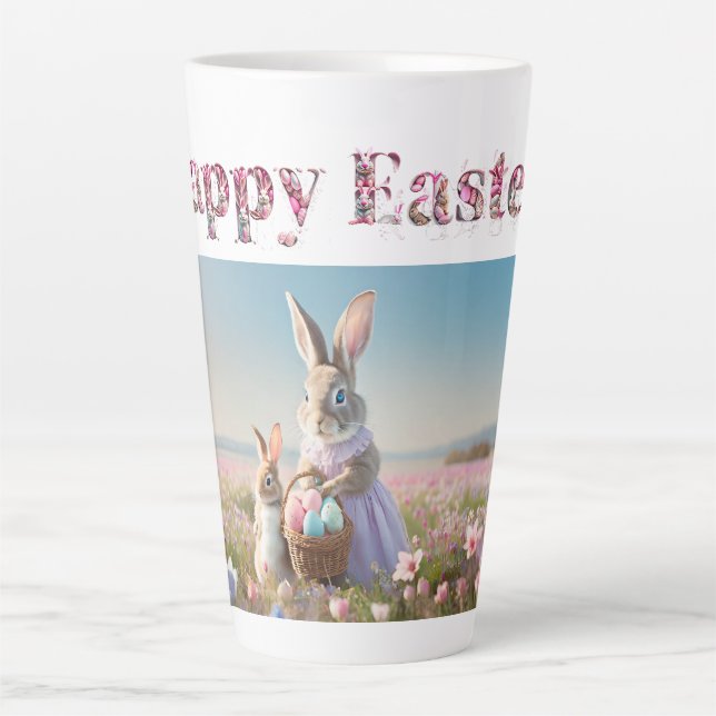 Caneca De Café Latte Coelhinho de Páscoa com Felz pascoa de Ovos de Pás (Frente)